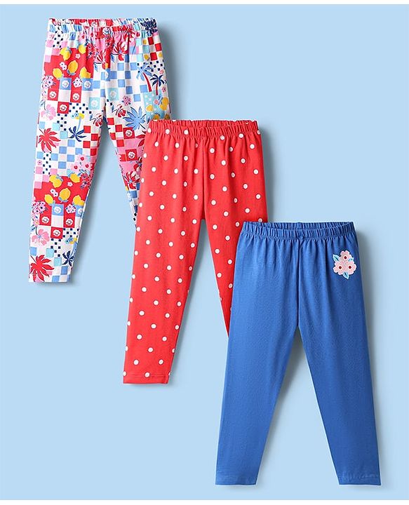 Babyhug Cotton Knit Full Length Leggings With Tropical Theme & Polka Dots Print Pack Of 3 - Red Blue & White