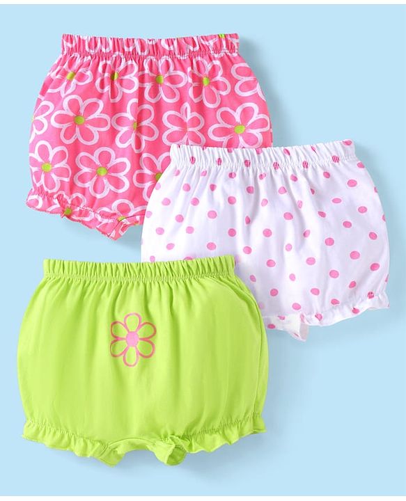Babyhug 100% Cotton Knit Floral & Polka Dots Printed  Bloomers Pack of 3 - Green Pink & White