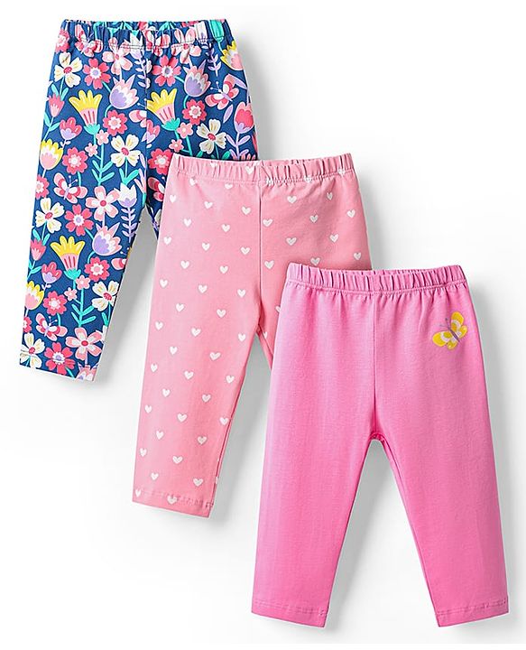 Babyhug Cotton Lycra Knit Full Length Floral & Heart Printed Leggings With Stretch Pack Of 3 - Pink Blue & Dark Pink