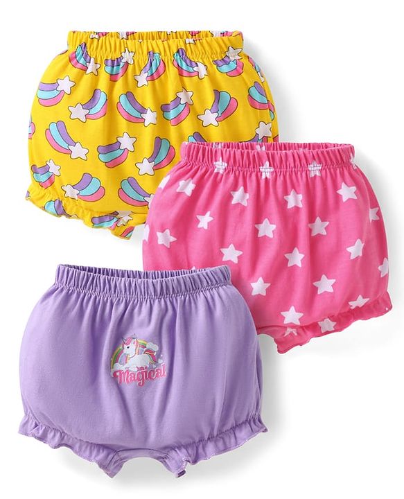 Babyhug 100% Cotton Knit Bloomers with Stars & Unicorn Print Pack of 3 - Yellow Pink & Lilac