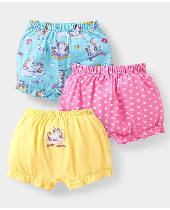 Babyhug 100% Cotton Knit Bloomers With Unicorn & Hearts Print Pack of 3 - Yellow Pink & Light Blue