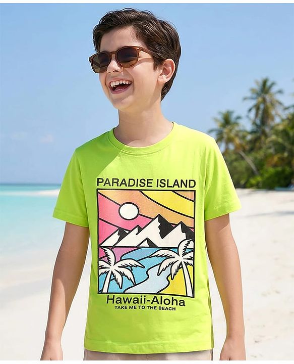Pine Kids Cotton Knit Half Sleeves T-Shirt With Paradies Island Text Print - Limegreen