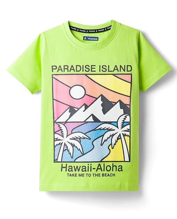 Pine Kids Cotton Knit Half Sleeves T-Shirt With Paradies Island Text Print - Limegreen
