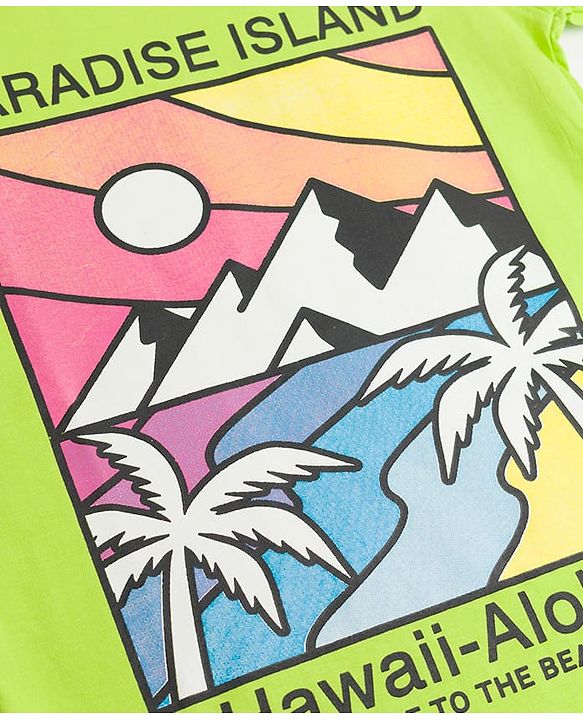 Pine Kids Cotton Knit Half Sleeves T-Shirt With Paradies Island Text Print - Limegreen