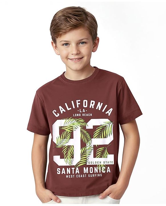 Pine Kids Cotton Knit Half Sleeves Text Printed T-Shirt -Dark Brown