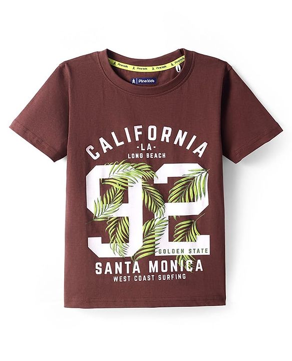 Pine Kids Cotton Knit Half Sleeves Text Printed T-Shirt -Dark Brown