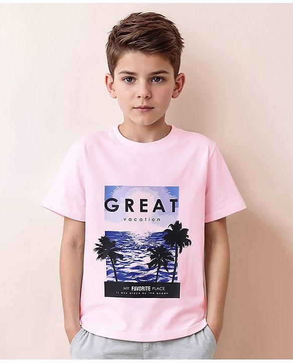 Pine Kids Cotton Knit Half Sleeves T-Shirt with Great Vacation Text - Pink