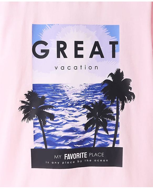 Pine Kids Cotton Knit Half Sleeves T-Shirt with Great Vacation Text - Pink