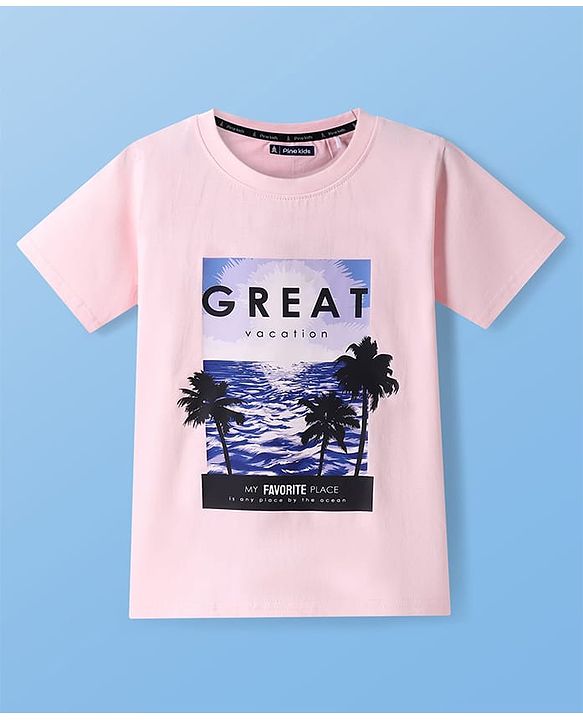 Pine Kids Cotton Knit Half Sleeves T-Shirt with Great Vacation Text - Pink