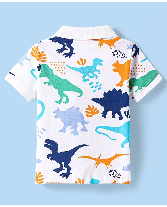 Babyhug Cotton Knit Half Sleeves Polo T-Shirt with Dino Print - White