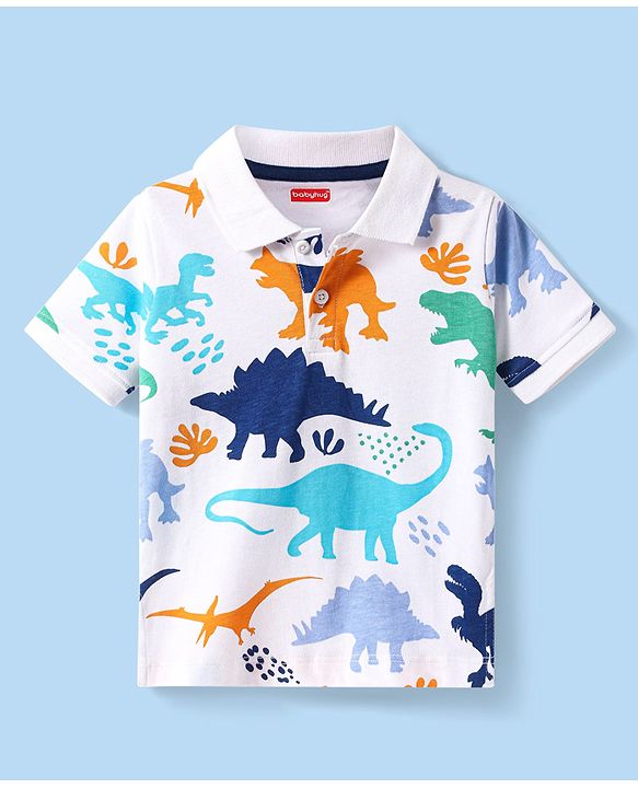 Babyhug Cotton Knit Half Sleeves Polo T-Shirt with Dino Print - White