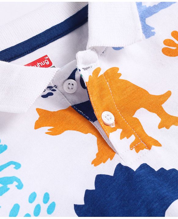 Babyhug Cotton Knit Half Sleeves Polo T-Shirt with Dino Print - White