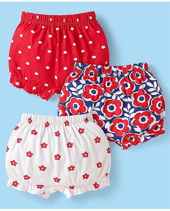 Babyhug 100% Cotton Knit Bloomers with Floral & Polka Dots Print Pack of 3 - Red & White