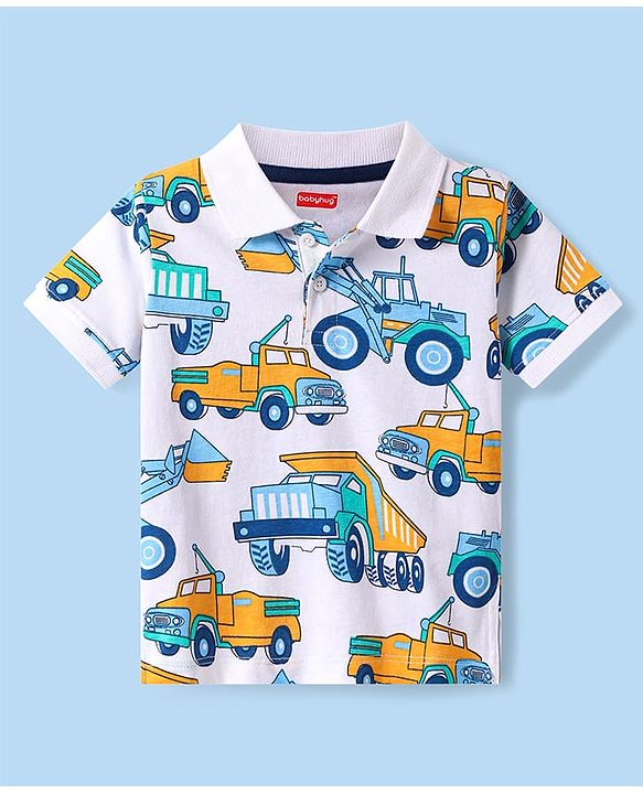 Babyhug Cotton Knit Half Sleeves Polo T-Shirt with Vehicle Print - White