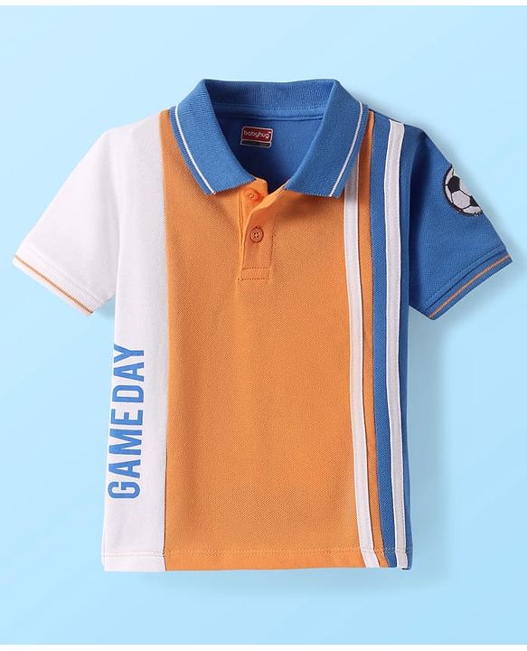 Babyhug Cotton Knit Half Sleeves Cut & Sew Polo T-shirt with Text Print & Tape Detailing - Orange