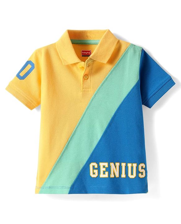 Babyhug Cotton Knit Half Sleeves Cut & Sew Polo T-Shirt with Genius Text Print - Yellow Blue