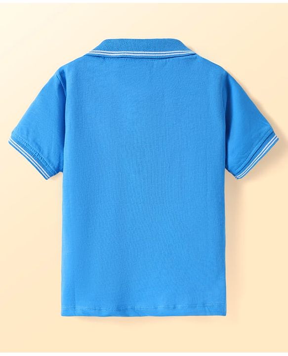 Babyhug Cotton Knit Half Sleeves Cut & Sew Polo T-shirt with Text Embroidery & Stripes - Blue & White