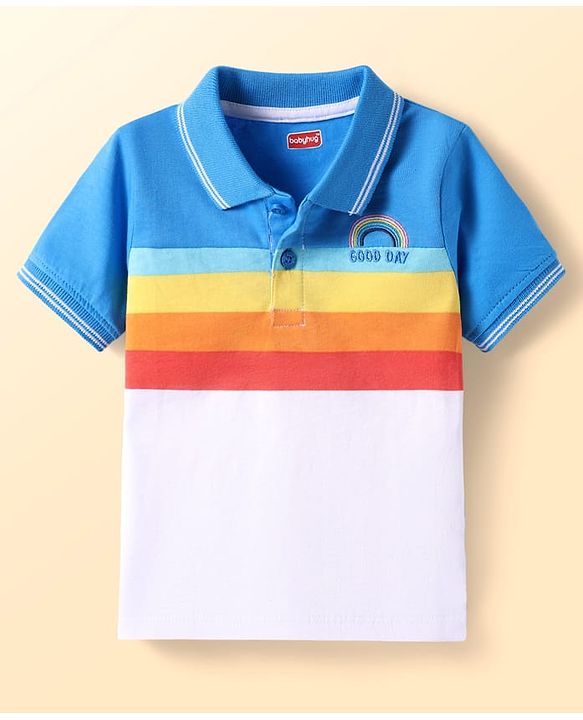 Babyhug Cotton Knit Half Sleeves Cut & Sew Polo T-shirt with Text Embroidery & Stripes - Blue & White