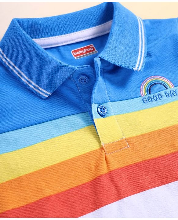 Babyhug Cotton Knit Half Sleeves Cut & Sew Polo T-shirt with Text Embroidery & Stripes - Blue & White