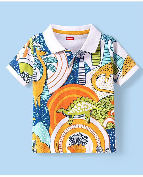 Babyhug Cotton Knit Half Sleeves Polo T-Shirt with Dino Print - White