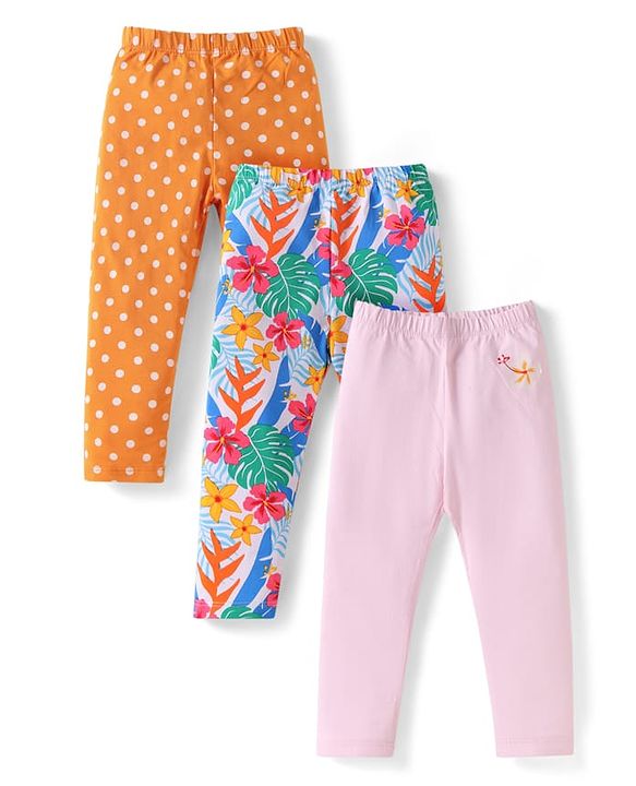 Babyhug Cotton Lycra Knit Full Length Leggings with Stretch Polka Dots & Floral Print Pack Of 3 - Pink & Mustard