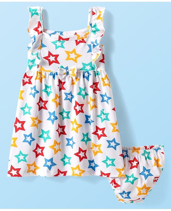 Babyhug Single Jersey Knit Sleeveless Frock With Star Print & Bloomer - White