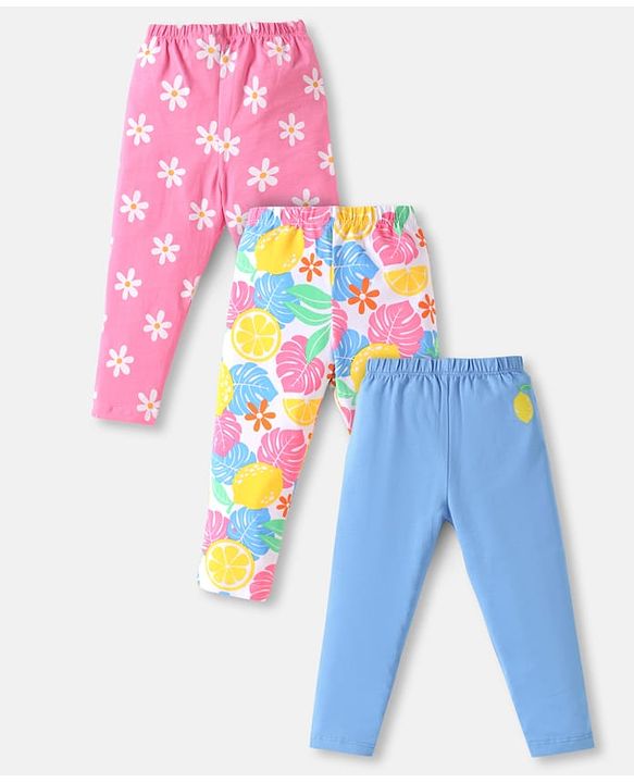 Babyhug Cotton Lycra Full Length Skinny Fit Leggings with Stretch Floral & Leafy Print Pack of 3 - Pink Blue & White