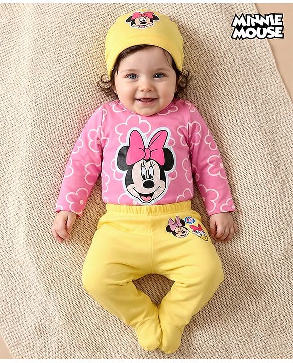 Babyhug Disney Interlock Knit Full Sleeves Onesies with Cap and Bootie Leggings Set with Minnie Mouse Graphics - Pink & Yellow