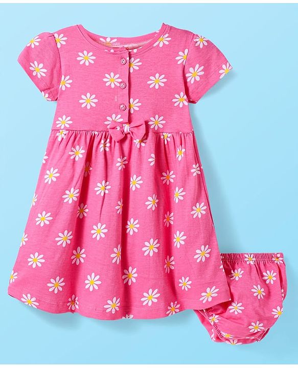 Babyhug Single Jersey Knit Half Sleeves Frock & Bloomer with Floral Print & Bow Applique - Pink