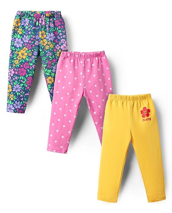 Babyhug Cotton Lycra Full Length Leggings Polka Dots & Floral Print Pack of 3 - Pink Yellow & Blue