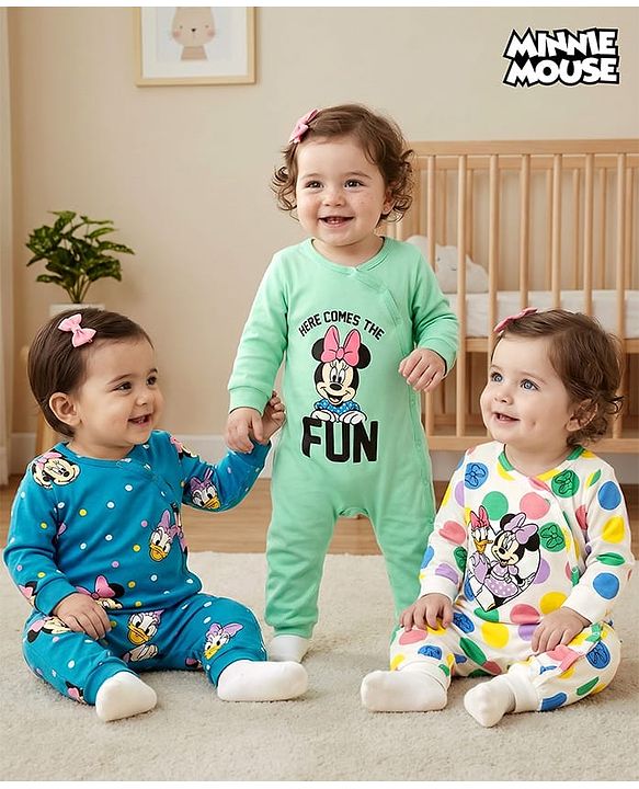 Babyhug Disney Interlock Knit Full Length Romper With Minnie Mouse Graphics Pack Of 3 - White Light Green & Blue