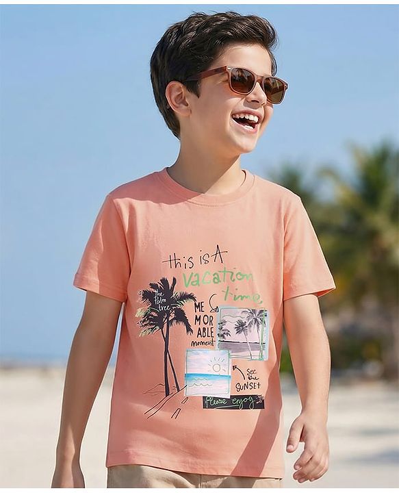 Pine Kids Cotton Knit Half Sleeves T-Shirt With Beach Theme Print - Peach