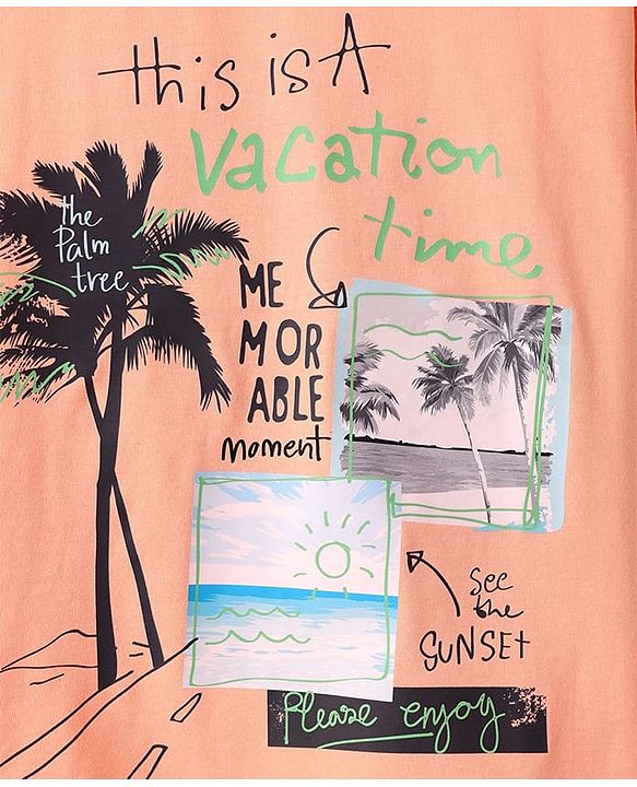 Pine Kids Cotton Knit Half Sleeves T-Shirt With Beach Theme Print - Peach