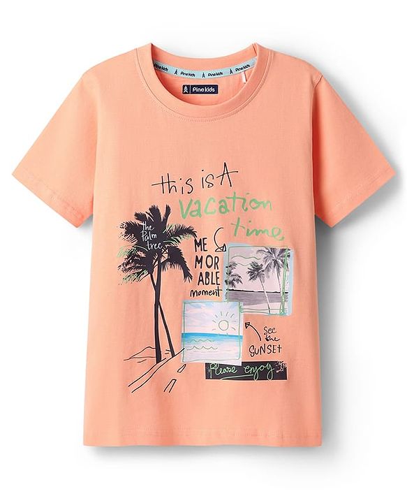 Pine Kids Cotton Knit Half Sleeves T-Shirt With Beach Theme Print - Peach