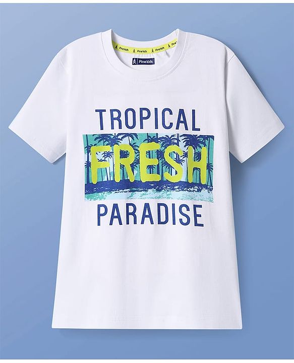 Pine Kids Cotton Knit Half Sleeves T-Shirt with Tropical Theme Print - White