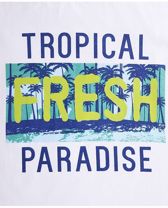Pine Kids Cotton Knit Half Sleeves T-Shirt with Tropical Theme Print - White