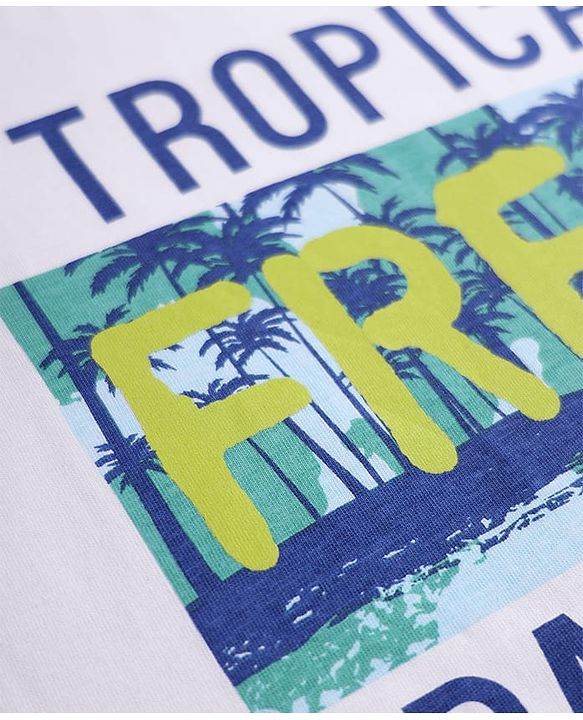 Pine Kids Cotton Knit Half Sleeves T-Shirt with Tropical Theme Print - White
