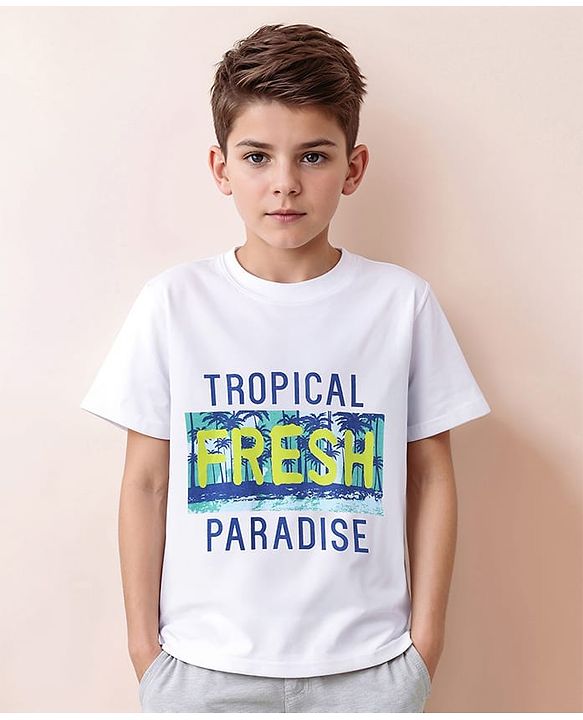 Pine Kids Cotton Knit Half Sleeves T-Shirt with Tropical Theme Print - White