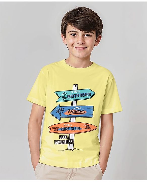 Pine Kids Cotton Knit Half Sleeves Beach Theme Printed T-Shirt -Light Yellow