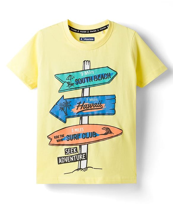 Pine Kids Cotton Knit Half Sleeves Beach Theme Printed T-Shirt -Light Yellow