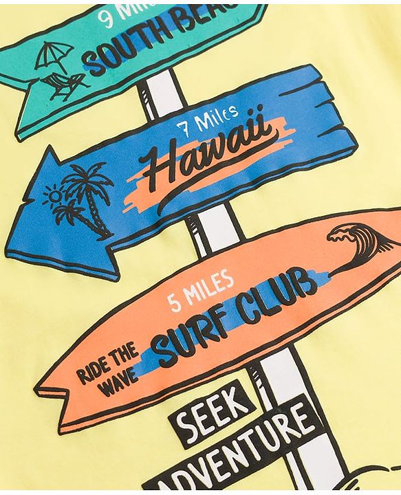 Pine Kids Cotton Knit Half Sleeves Beach Theme Printed T-Shirt -Light Yellow
