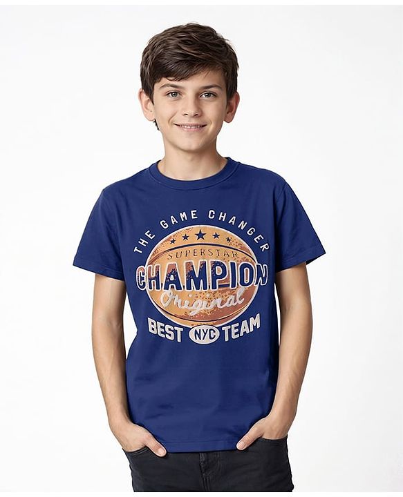 Pine Kids Cotton Knit Half Sleeves T-Shirt With The Game Changer Text Print - Navy Blue