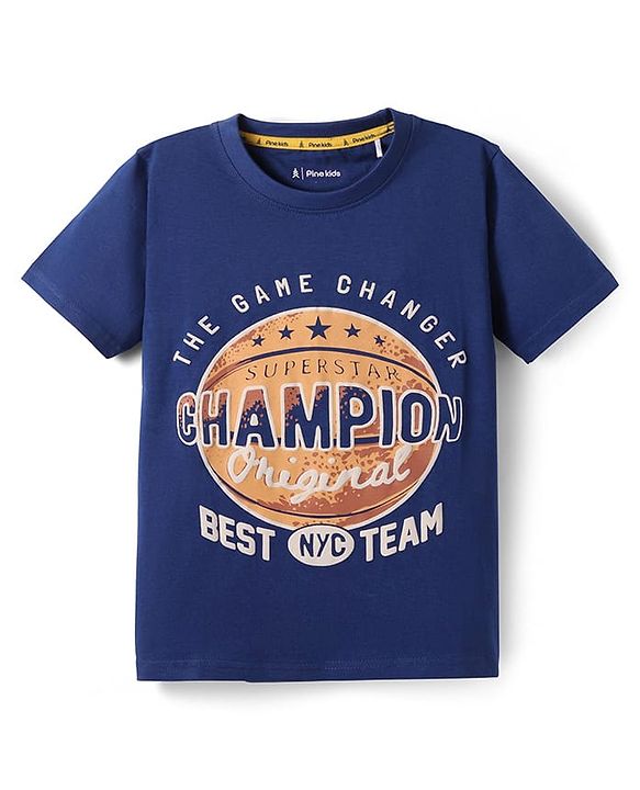 Pine Kids Cotton Knit Half Sleeves T-Shirt With The Game Changer Text Print - Navy Blue