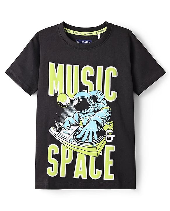 Pine Kids Cotton Knit Half Sleeves T-Shirt With Music Space Text Print - Black