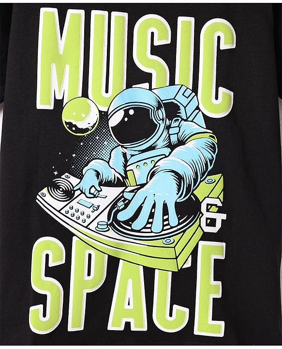 Pine Kids Cotton Knit Half Sleeves T-Shirt With Music Space Text Print - Black