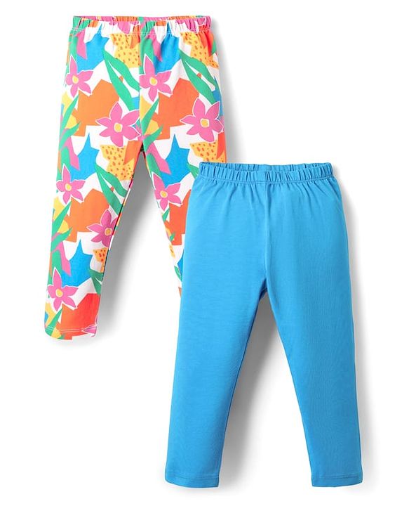 Babyhug Cotton Knit Full Length Leggings With Floral Print Pack Of 2 - Blue & White
