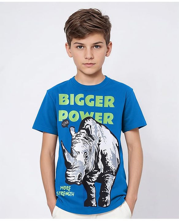 Pine Kids Cotton Knit Half Sleeves T-Shirt with Bigger Power Text Print - Blue