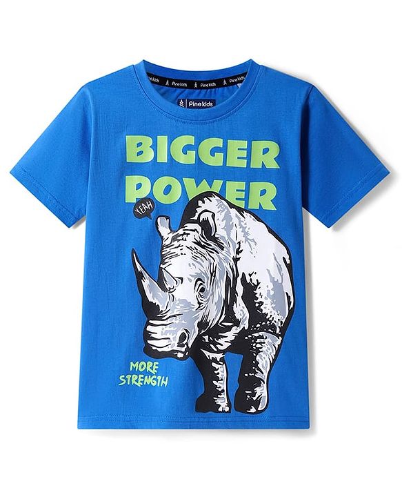 Pine Kids Cotton Knit Half Sleeves T-Shirt with Bigger Power Text Print - Blue