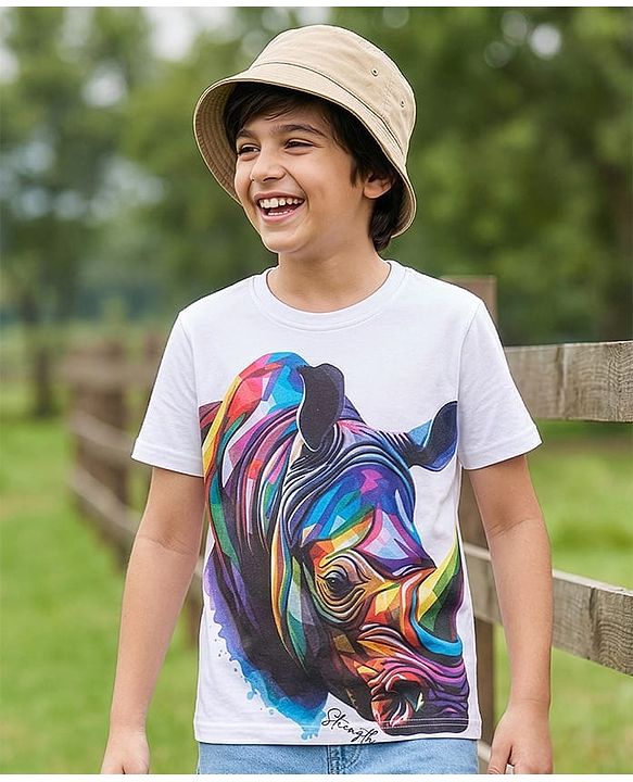 Pine Kids Cotton Knit Half Sleeves T-Shirt With Rhinoceros Print - White