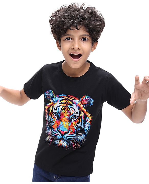 Pine Kids Cotton Knit Half Sleeves T-Shirt with Lion Print - Black